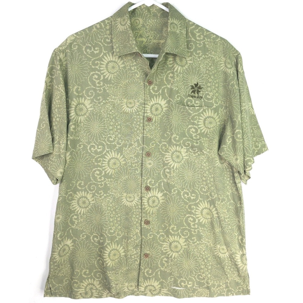 Tommy Bahama Men M Green 100% Silk‎ Tropical Floral Short Sleeve Shirt Poipu Bay